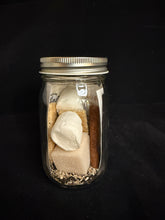 Load image into Gallery viewer, S'more Season Booze Infusion with s'more ingredients inside a 16 ounce glass jar.