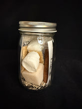 Load image into Gallery viewer, S'more Season Booze Infusion with s'more ingredients inside a 16 ounce glass jar.